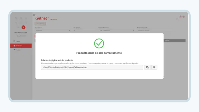 Pantalla con un popup indicando que el producto se ha dado de alta correctamente